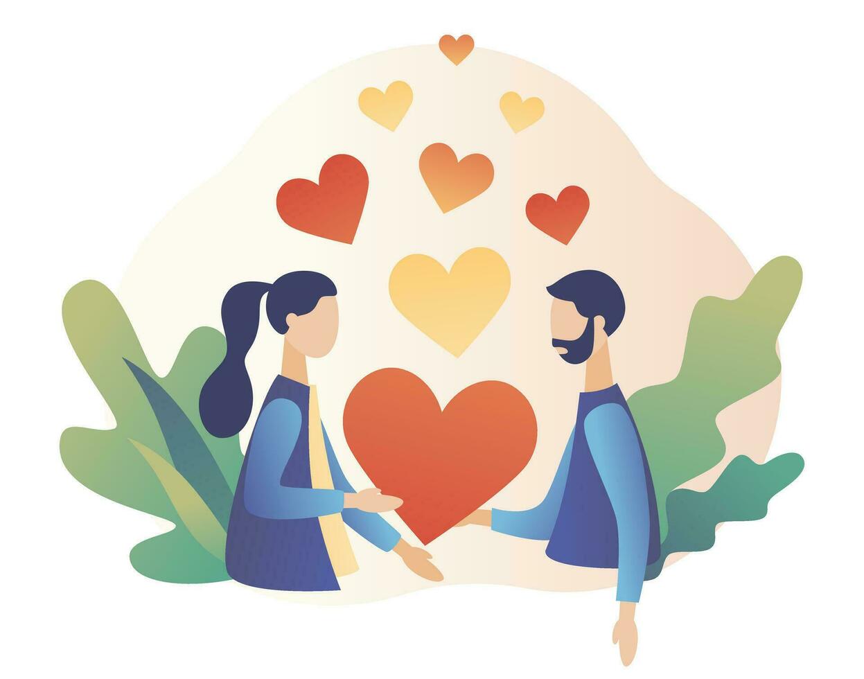 amoroso Pareja participación corazón en manos.. romántico fecha concepto. caracteres enamorado día. moderno plano dibujos animados estilo. vector ilustración en blanco antecedentes