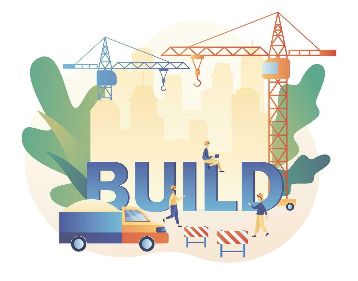 Build and Home Repair concept. Tiny men builders and repairers working. Modern building process. Modern flat cartoon style. Vector illustration on white background