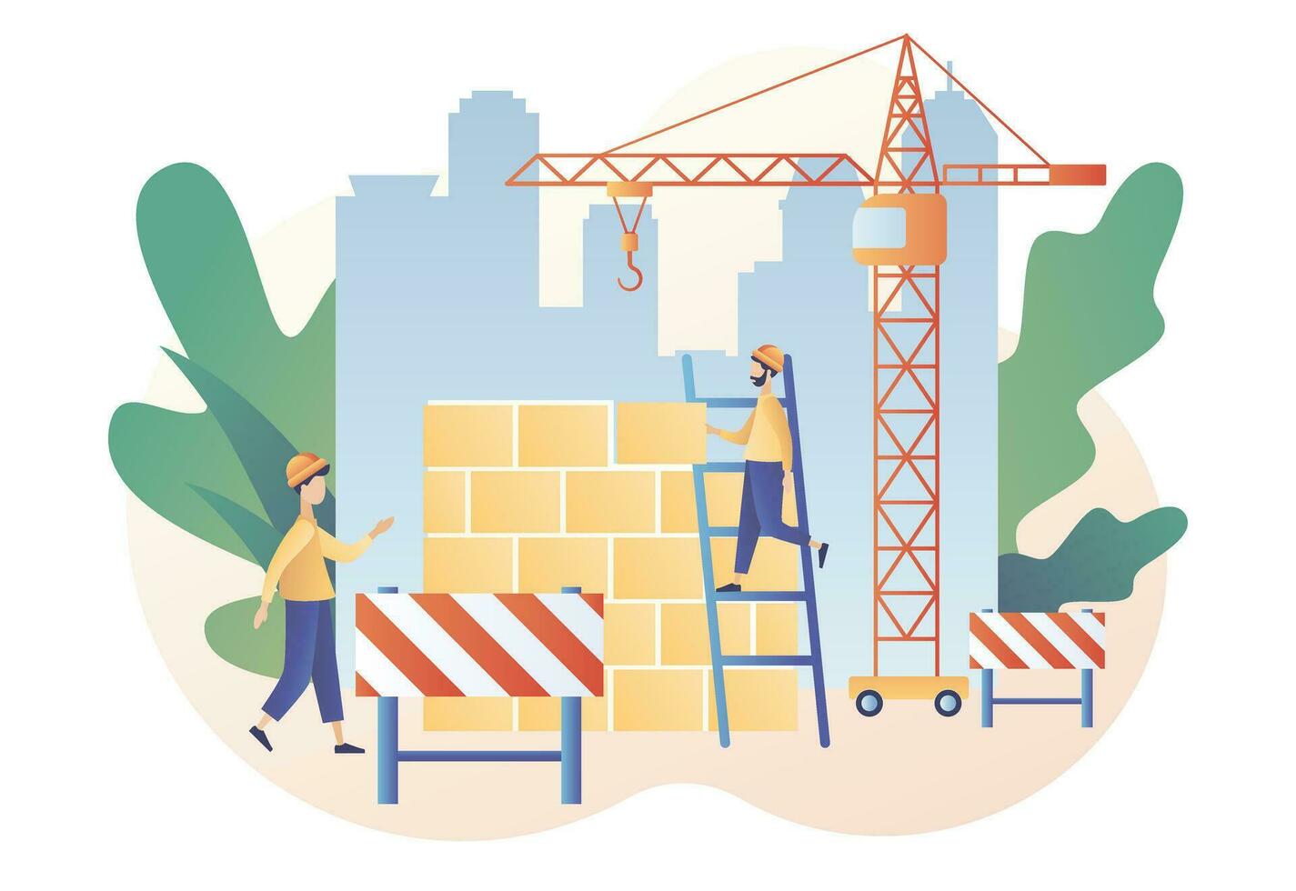Build and Home Repair concept. Tiny men builders and repairers working with professional tools. Modern building process. Modern flat cartoon style. Vector illustration on white background