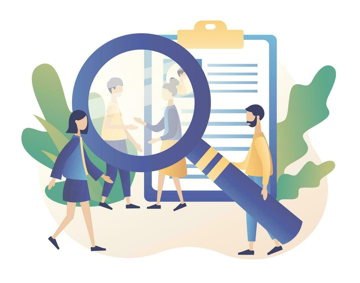 We are Hiring. Jobs concept. Recruitment and headhunting agency. Finding professional staff and analyzing personnel resume. Modern flat cartoon style. Vector illustration on white background