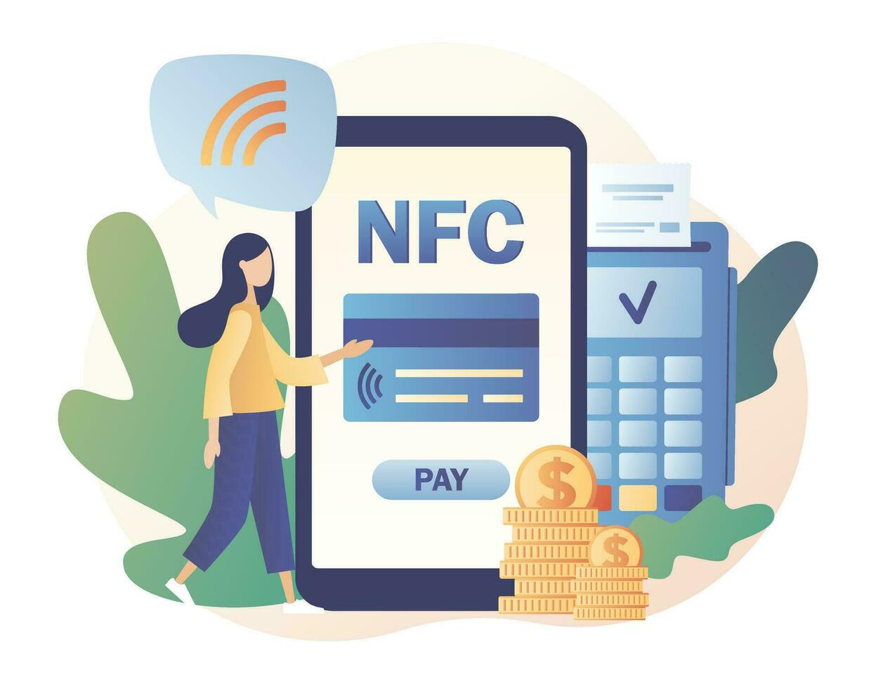 NFC payment app. Tiny girl use POS-terminal and payment systems. Financial transactions, terminal and credit card, online banking. Modern flat cartoon style. Vector illustration on white background