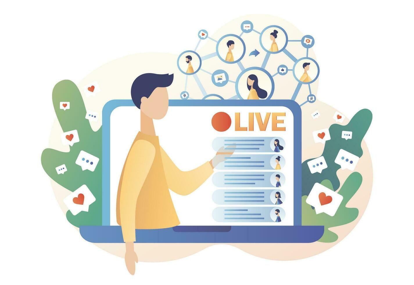 Tiny bloger that conduct live stream in social networks on laptop screen and viewers comment and like. Live streaming. Modern flat cartoon style. Vector illustration on white background