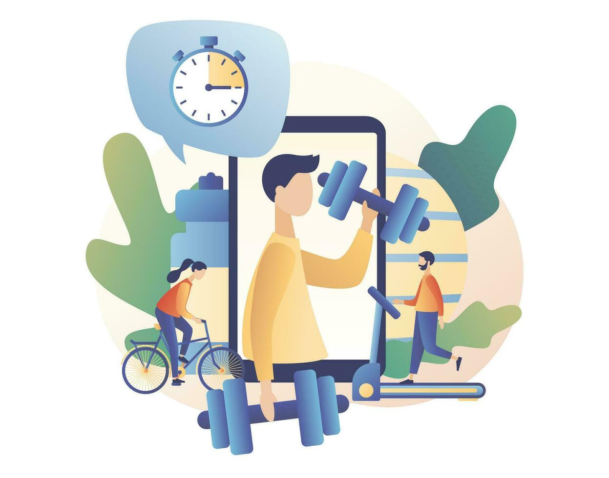 Fitness blog and Workout app concept. Personal trainer online. Tiny people are sport training. Active lifestyle and fitness training. Modern flat cartoon style. Vector illustration on white background