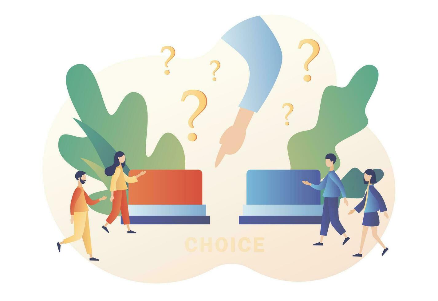 Tiny people choosing button to push. Make your choice. Metaphor alternatives or opportunities, life dilemma, decision making. Modern flat cartoon style. Vector illustration on white background