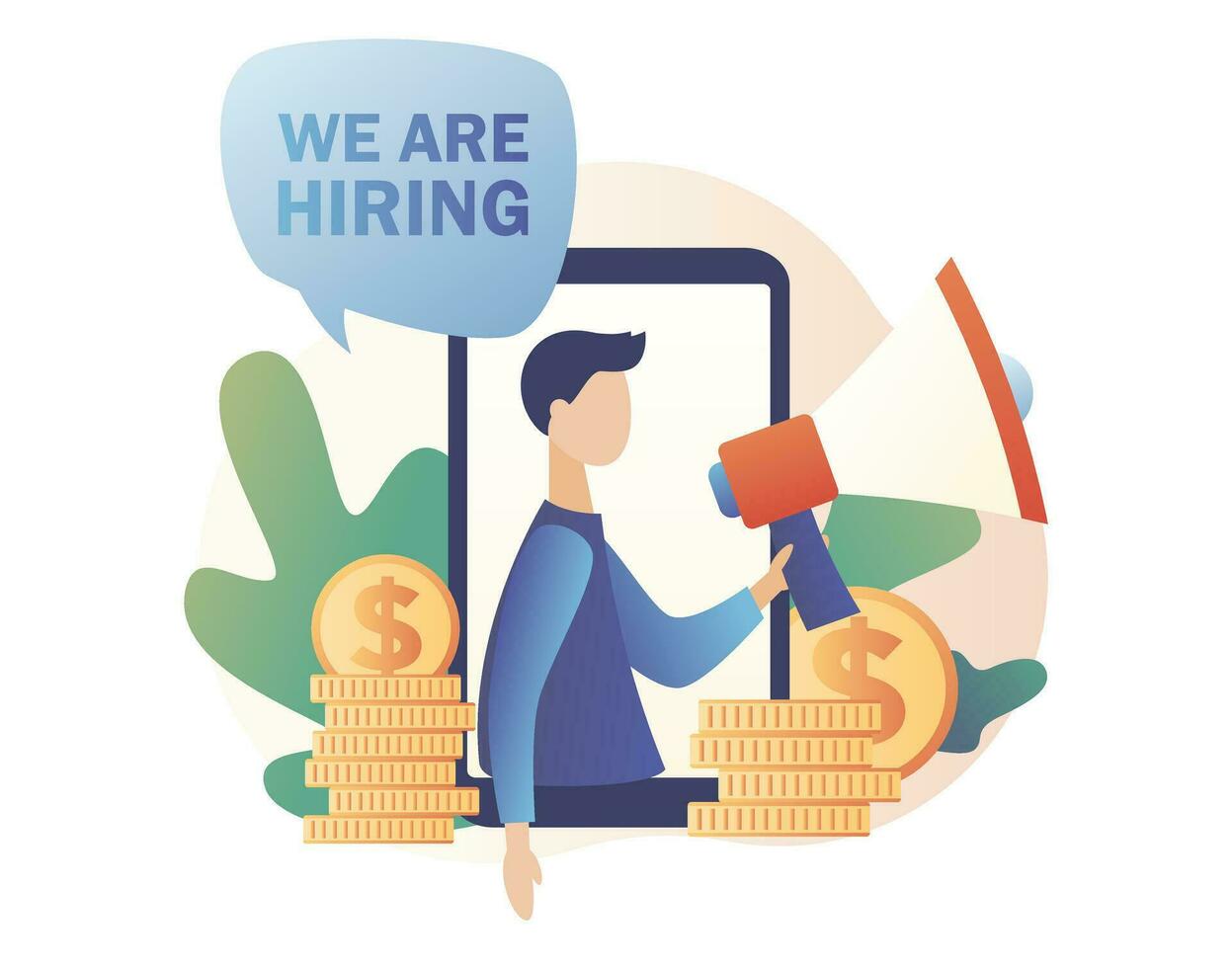 We are Hiring. Jobs concept. Recruitment and headhunting agency. Tiny person shouting on megaphone with We are hiring. Modern flat cartoon style. Vector illustration on white background