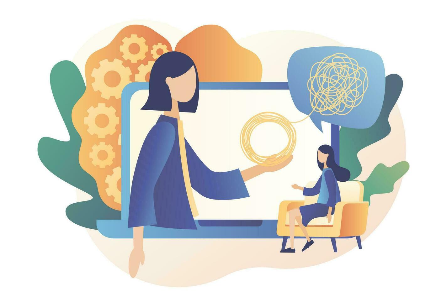 Psychologist online. Psychotherapy practice, psychological help, psychiatrist consulting patient. Psychology. Modern flat cartoon style. Vector illustration on white background