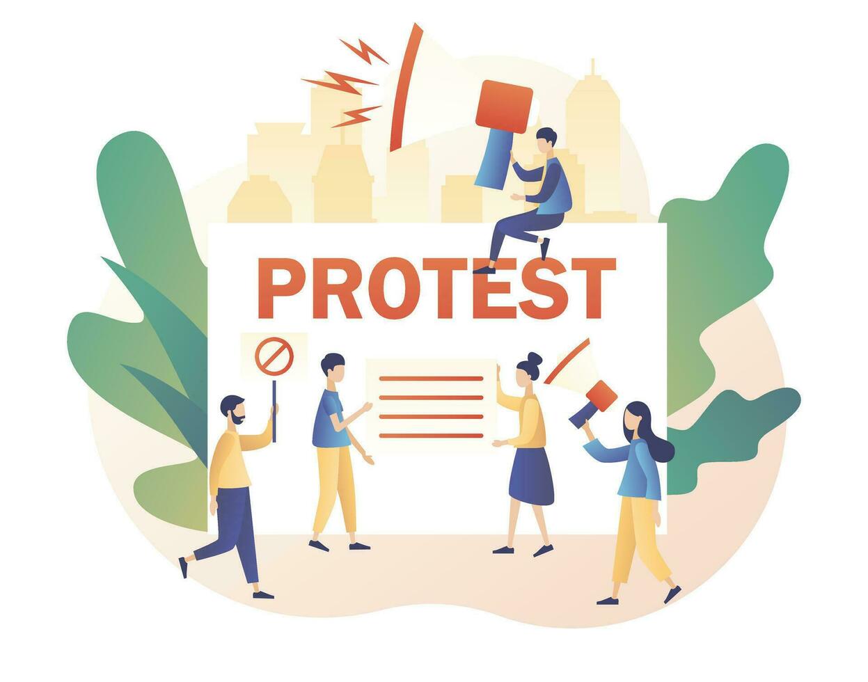 Tiny people protesters, holding banners, placards and megaphones. Protest and social activity concept. Parade, political meeting or rally. Modern flat cartoon style. Vector illustration