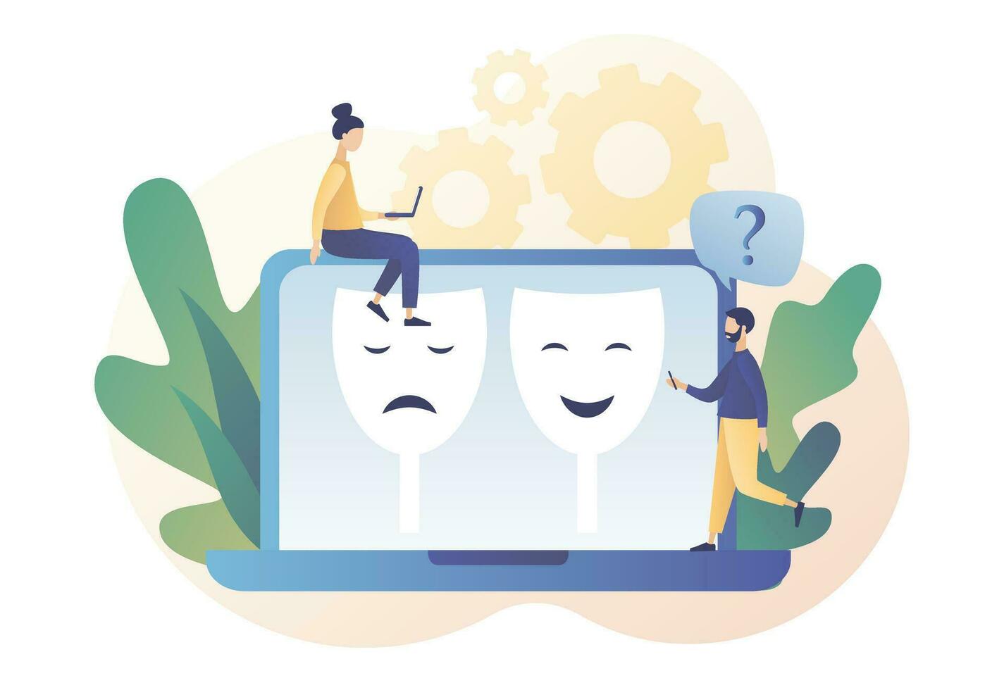 Psychology. Human masquerade. Masking true feelings. Tiny people and carnival masks with happy or sad expressions on laptop screen. Modern flat cartoon style. Vector illustration on white background