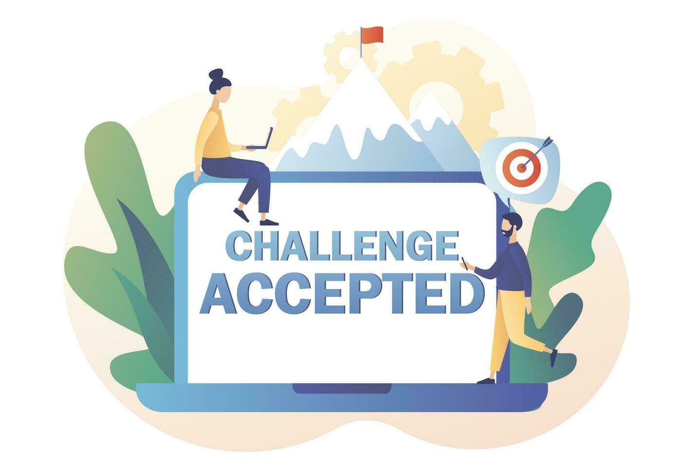 Challenge Accepted big text on screen laptop. Business challenge, goal achievement, success, winning. Tiny people for way to goal. Flag on mountain peak. Modern flat cartoon style. Vector illustration