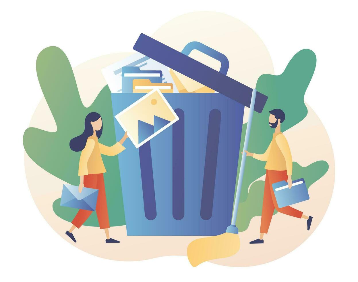 Delete concept. Cleaning digital memory. Tiny people deleting file and move unnecessary files to the big trash bin. Modern flat cartoon style. Vector illustration on white background