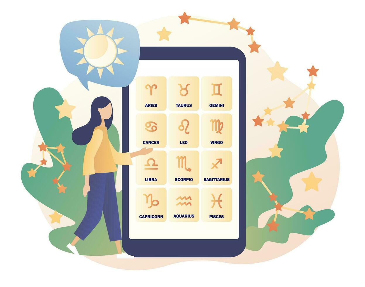Astrological forecast in smartphone app. Astrology science concept. Zodiac, celestial coordinate system, stars and constellations. Tiny girl astrologers. Modern flat cartoon style. Vector illustration