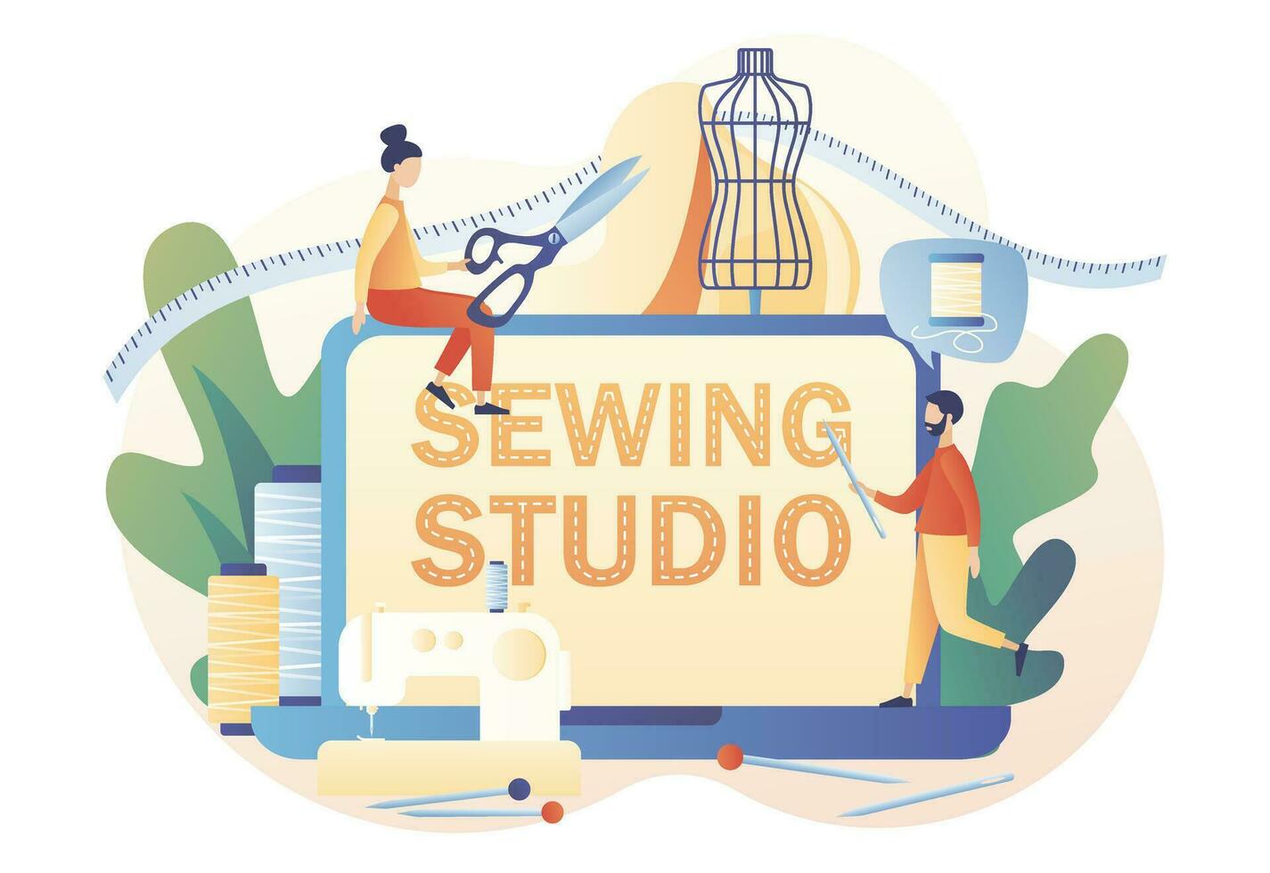 Sewing studio web site. Big laptop, sewing machine, mannequin, tools and materials. Tiny people tailors create outfit and apparel in workshop or atelier. Modern flat cartoon style. Vector illustration