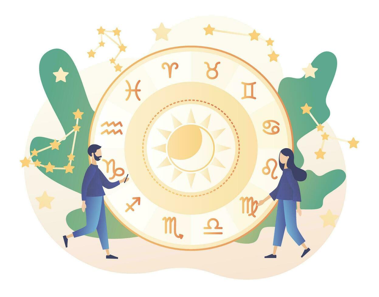 Astrology science concept. Astrological forecast. Tiny people astrologers reading natal chart. Zodiac, celestial coordinate system, stars and constellations. Modern flat cartoon style. Vector
