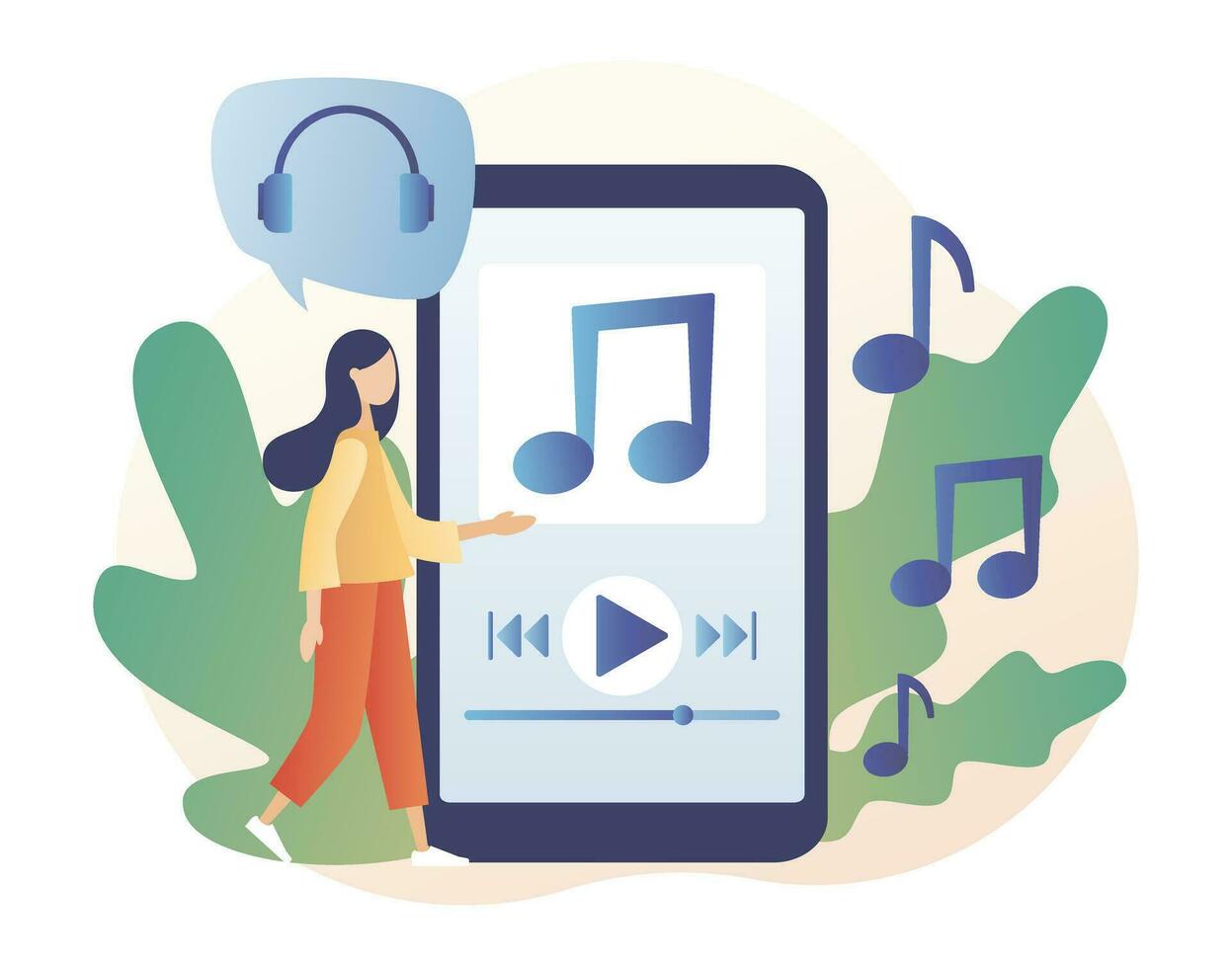 medios de comunicación jugador aplicación música jugar lista. minúsculo niña escucha música, sonido, audio o radio en línea con teléfono inteligente aplicación moderno plano dibujos animados estilo. vector ilustración en blanco antecedentes