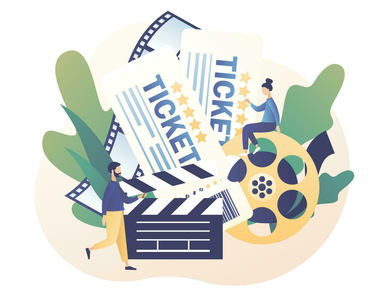 Movie tickets online sale. Online cinema. Tiny people buy tickets on the internet. Cinematography. Modern flat cartoon style. Vector illustration on white background