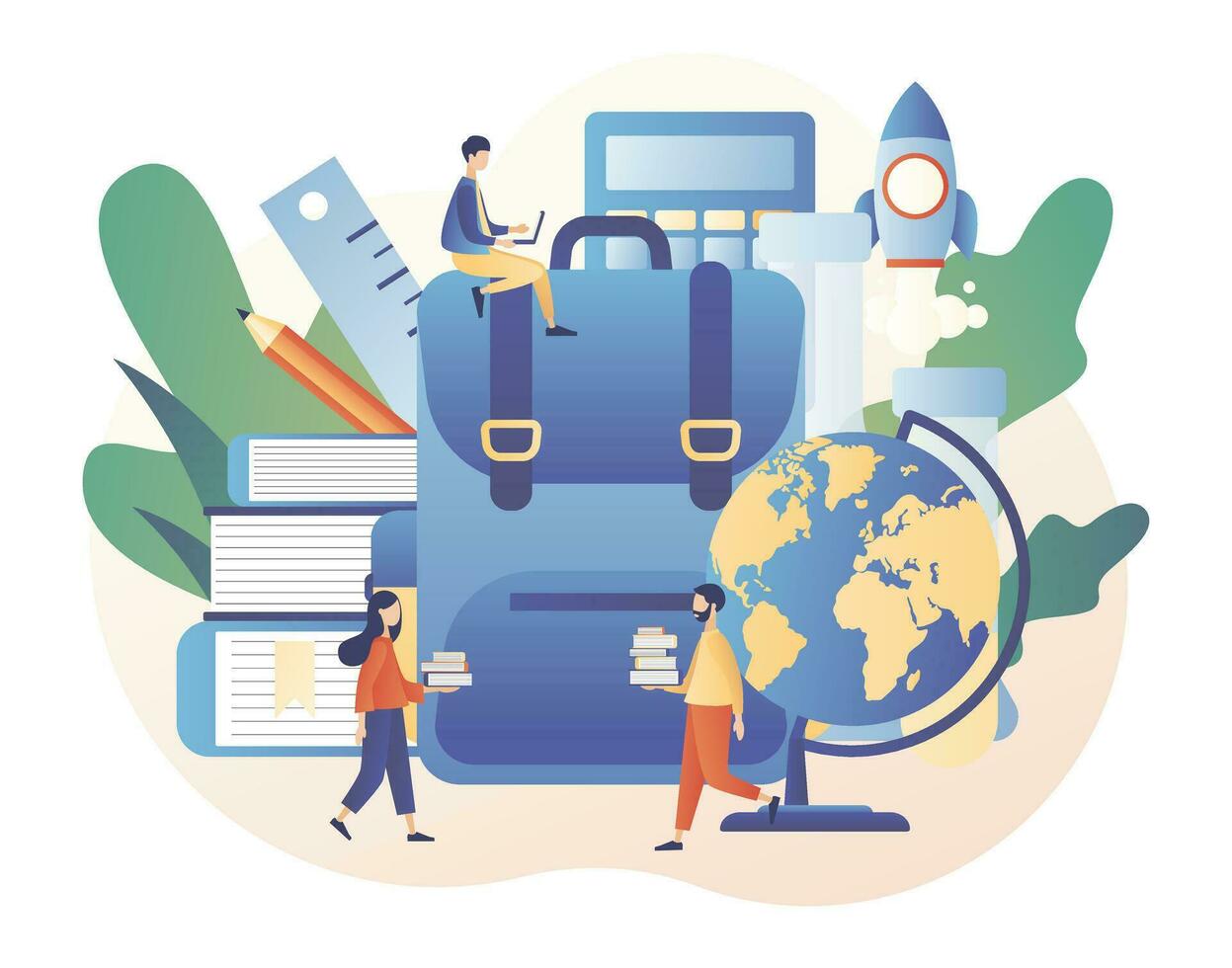 Back to School. Education concept. Tiny people with huge backpack, educational tools, calculator, school stationery, globe and books. Modern flat cartoon style. Vector illustration on white background