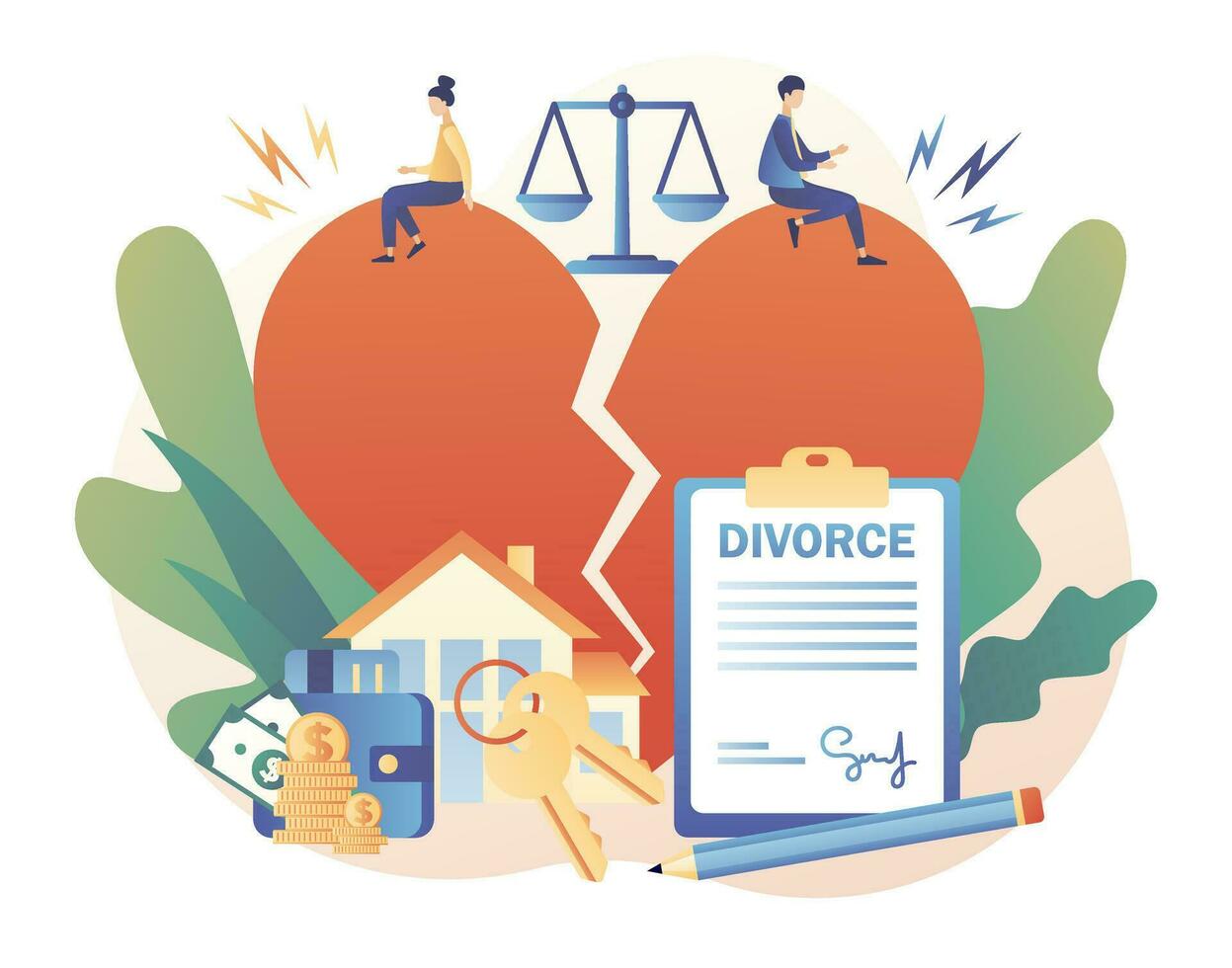 Divorce concept. Tiny people relationship breakup. Husband and wife sign agreement divorce papers and property divison. Big broken heart. Justice scales. Modern flat cartoon style. Vector illustration