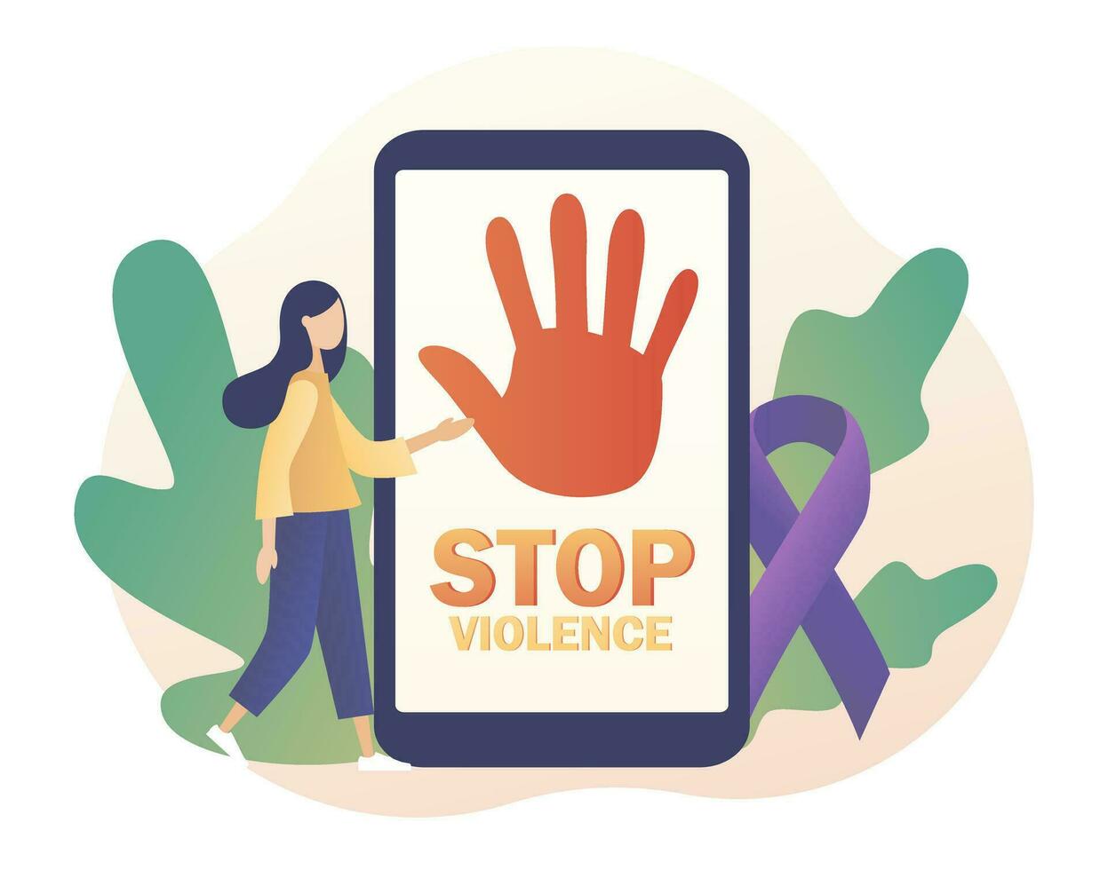 Stop violence text on screen smartphone. International day for the elimination of violence against women. Purple ribbon as symbol domestic violence. Modern flat cartoon style. Vector illustration