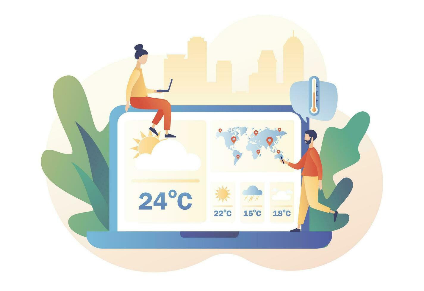 minúsculo personas acecho el clima pronóstico utilizar ordenador portátil. clima pronóstico en línea. sol, nubes, viento, tormenta, lluvia. meteorología ciencia. moderno plano dibujos animados estilo. vector ilustración