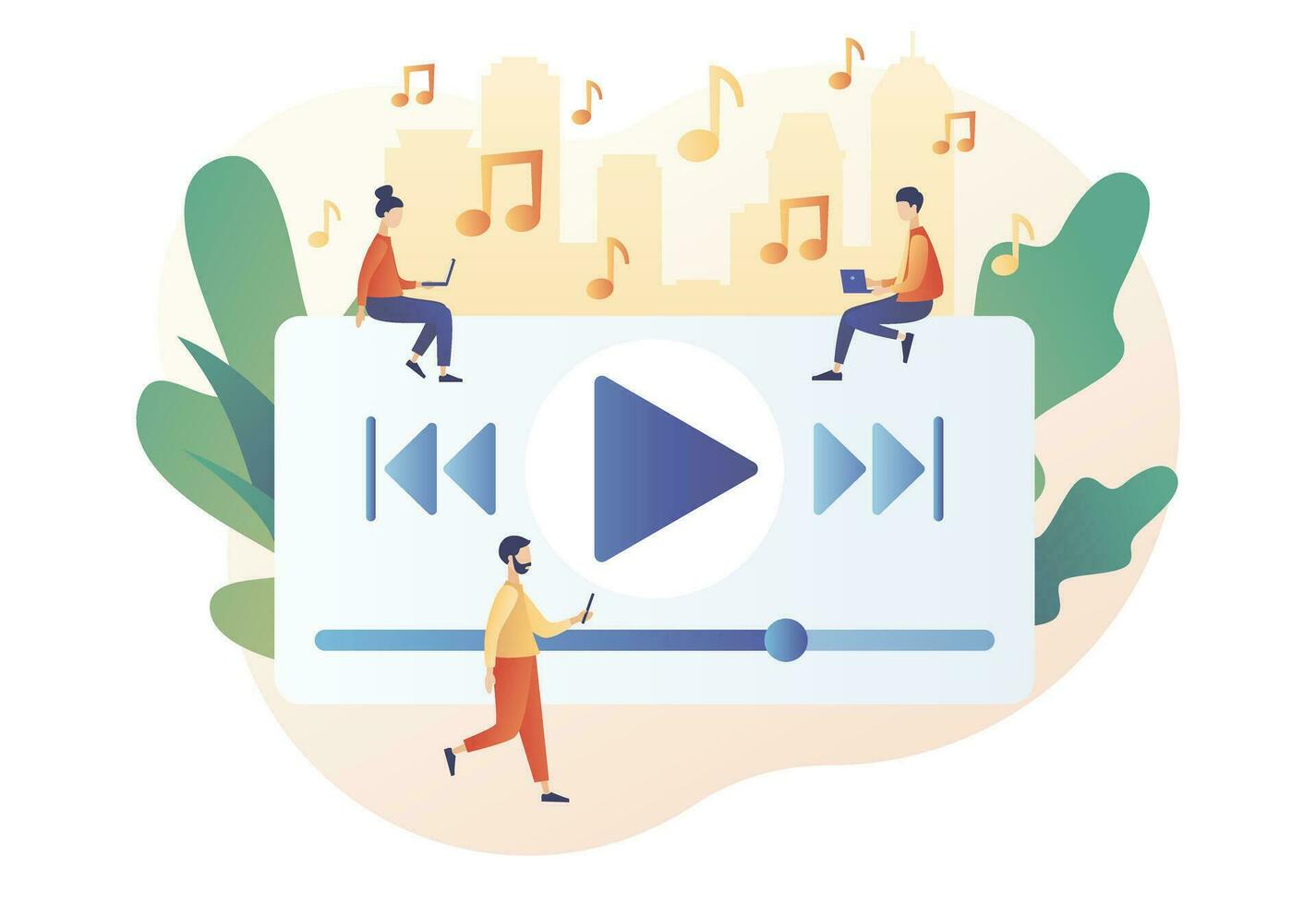 Tiny people listen music, sound, audio or radio online with smartphone app or laptop. Media player. Music play list. Modern flat cartoon style. Vector illustration on white background