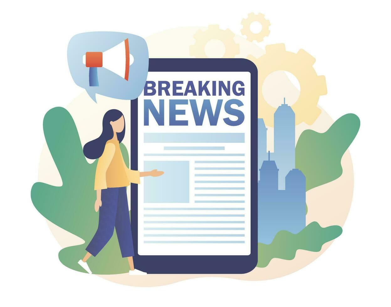 Breaking news. Newspaper on mobile phone. Tiny woman read news online using smartphone app. Modern flat cartoon style. Vector illustration on white background