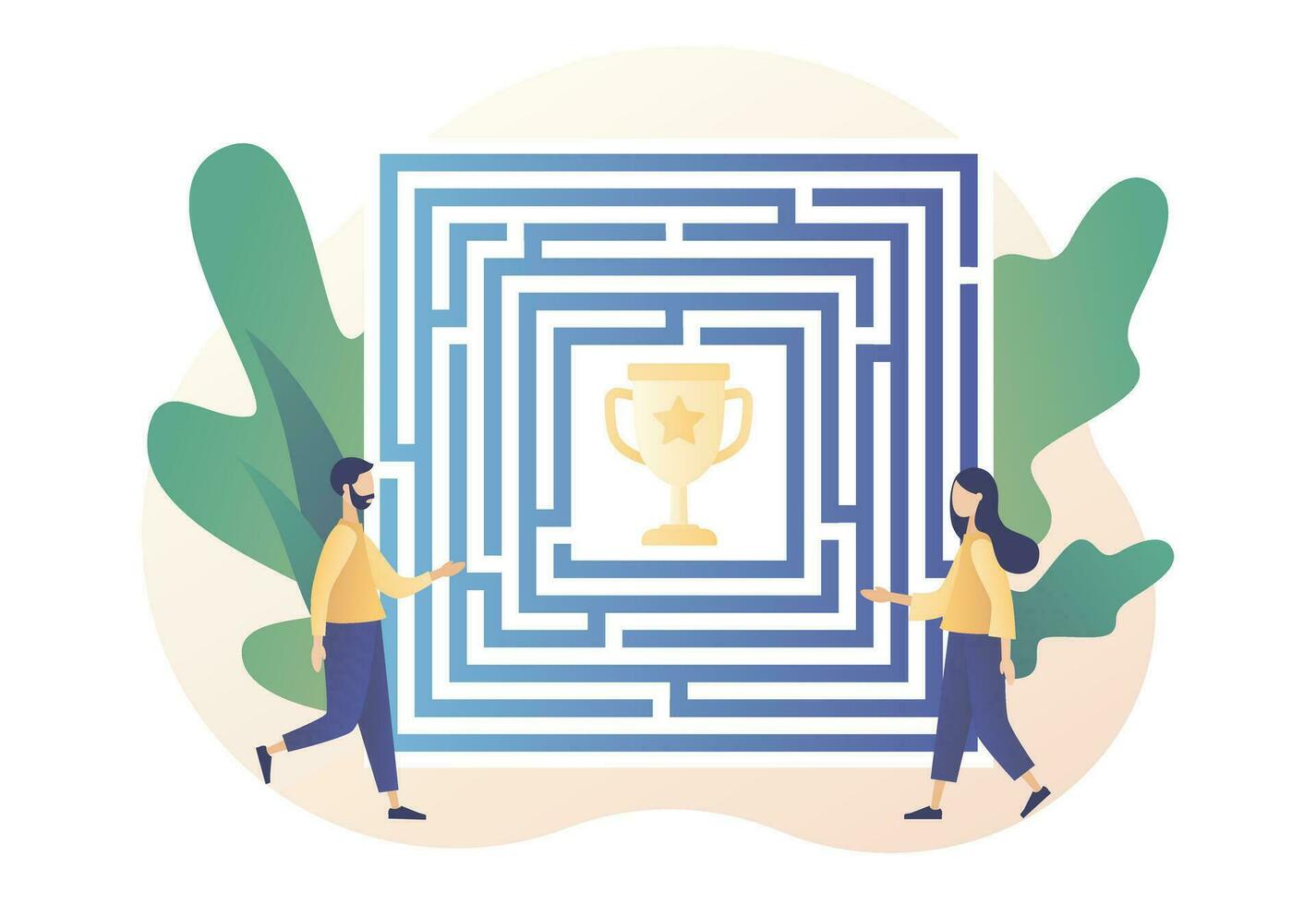 Business maze concept. Tiny people looking for a way to reach the goal through the labyrinth. Business metaphor. Modern flat cartoon style. Vector illustration on white background