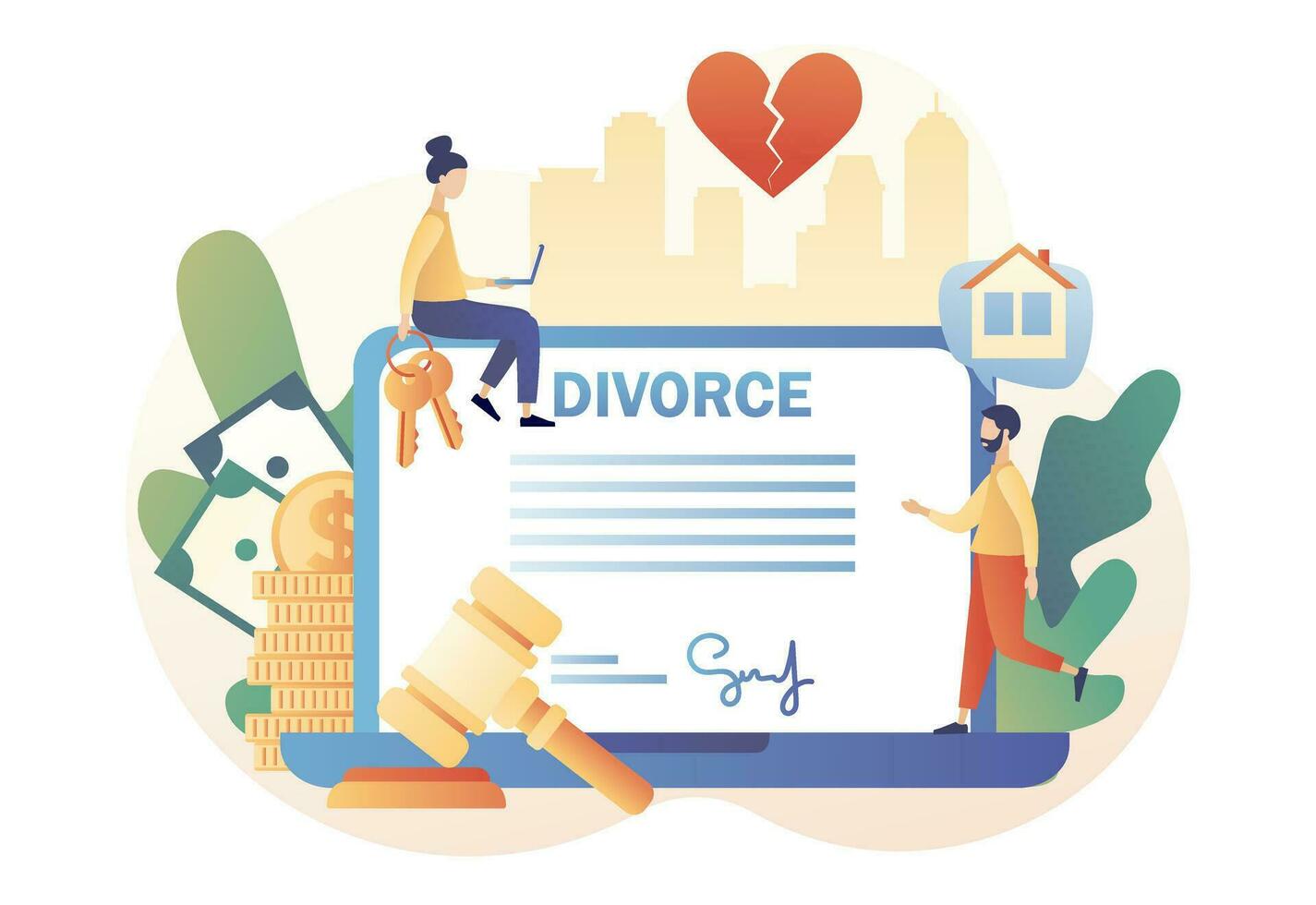 Divorce concept. Tiny people relationship breakup. Husband and wife sign agreement divorce document and property divison online. Broken heart. Modern flat cartoon style. Vector illustration