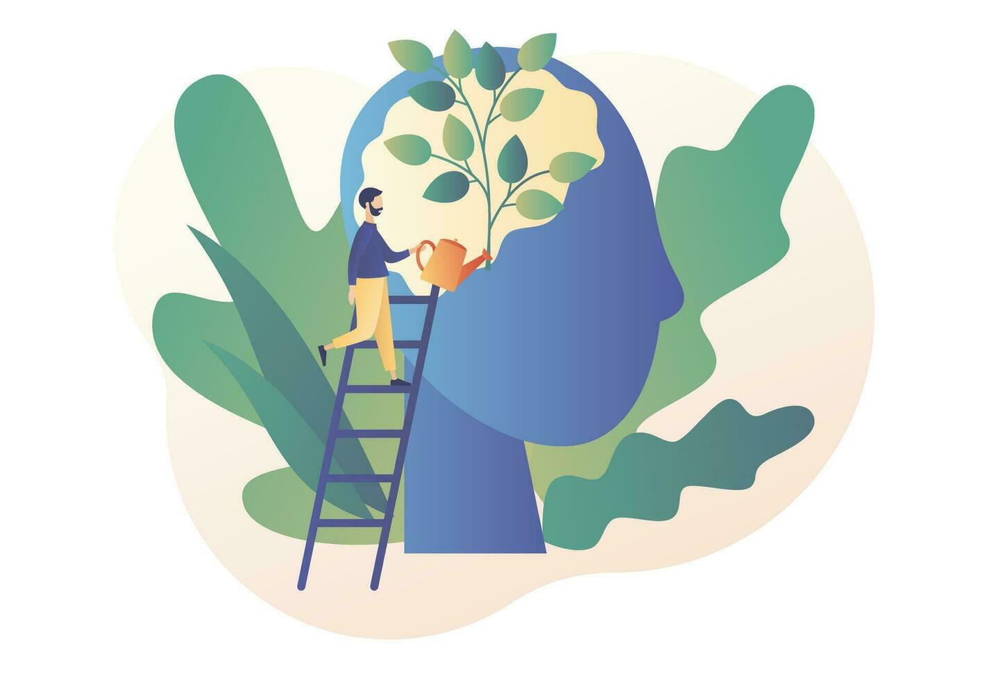 Personal growth. Self-improvement and self development concept. Tiny man watering that growing plant from the brain as metaphor growth personality. Modern flat cartoon style. Vector illustration