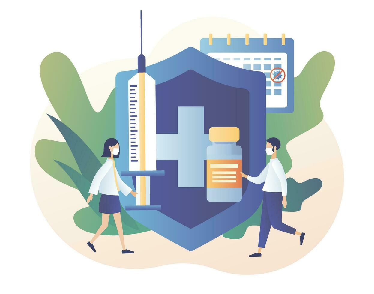 Time to vaccinate. Vaccination concept. Tiny people doctors with vaccine, syringe, bottle, big sign of protection and calendar. Modern flat cartoon style. Vector illustration on white background