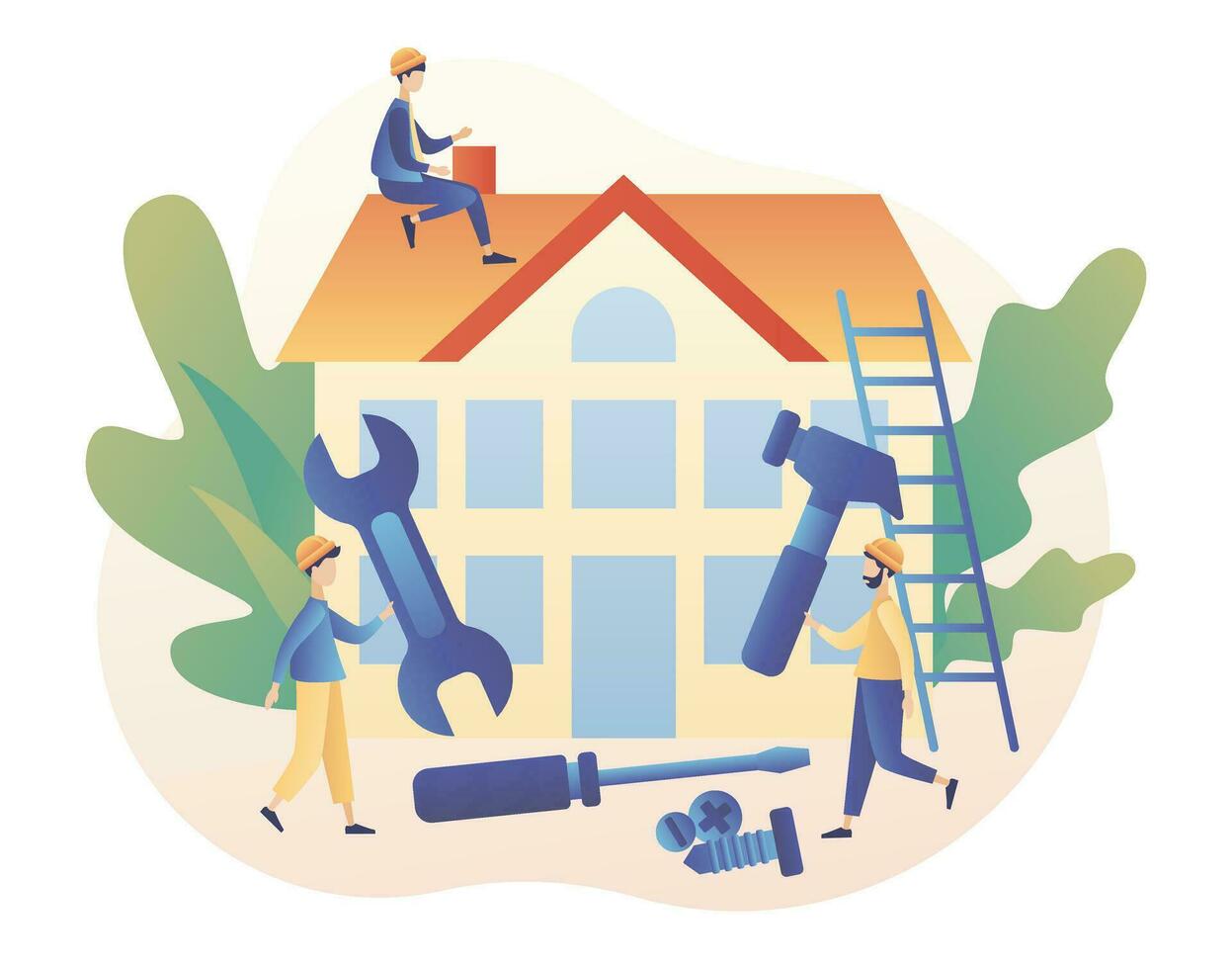 Tiny men builders and repairers working with professional tools. Build and Home Repair concept. Modern building process. Modern flat cartoon style. Vector illustration on white background