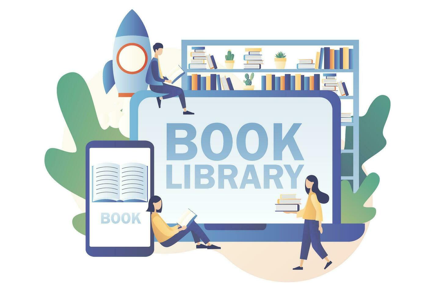 Book library online. Tiny people reading books. Literature fans, E-book, media library, learning online, reading app. Modern flat cartoon style. Vector illustration on white background
