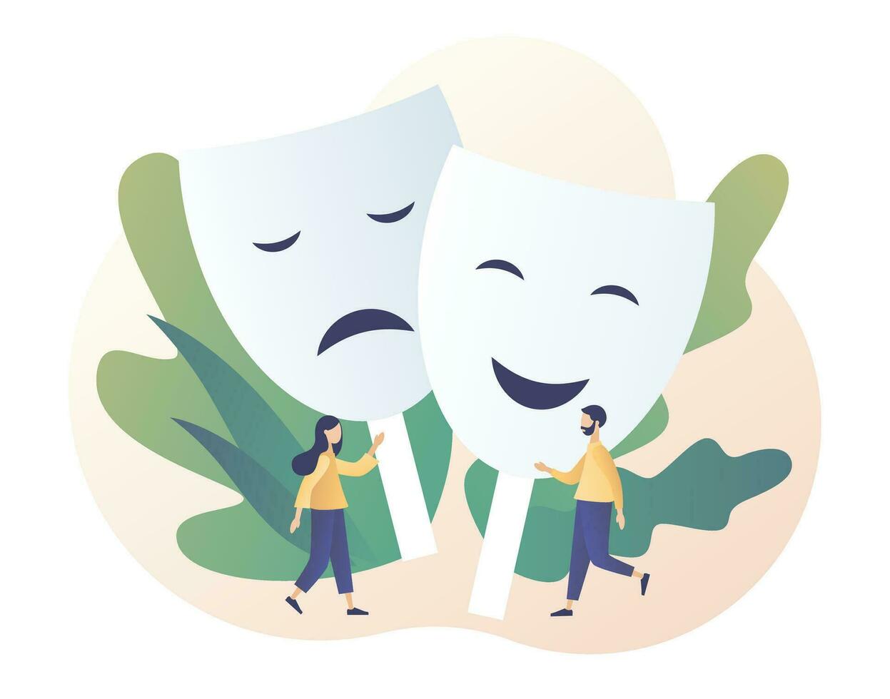 Masking true feelings. Psychology. Human masquerade. Tiny people with big carnival masks with happy or sad expressions. Hypocrisy. Modern flat cartoon style. Vector illustration on white background