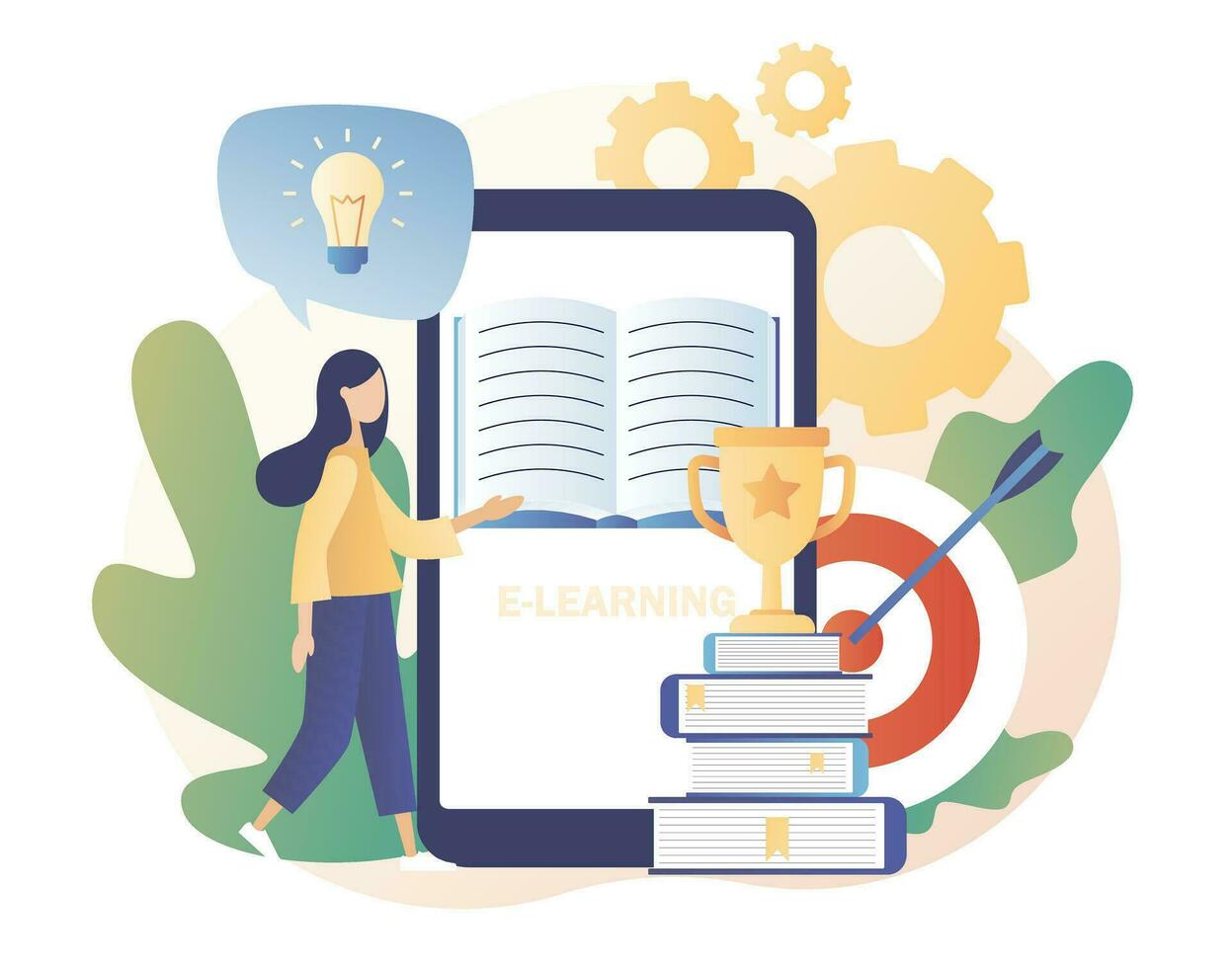 Self-learning, online education, e-book, distance e-learning. Skill improvement. Self development concept. Goal achieving. Modern flat cartoon style. Vector illustration on white background