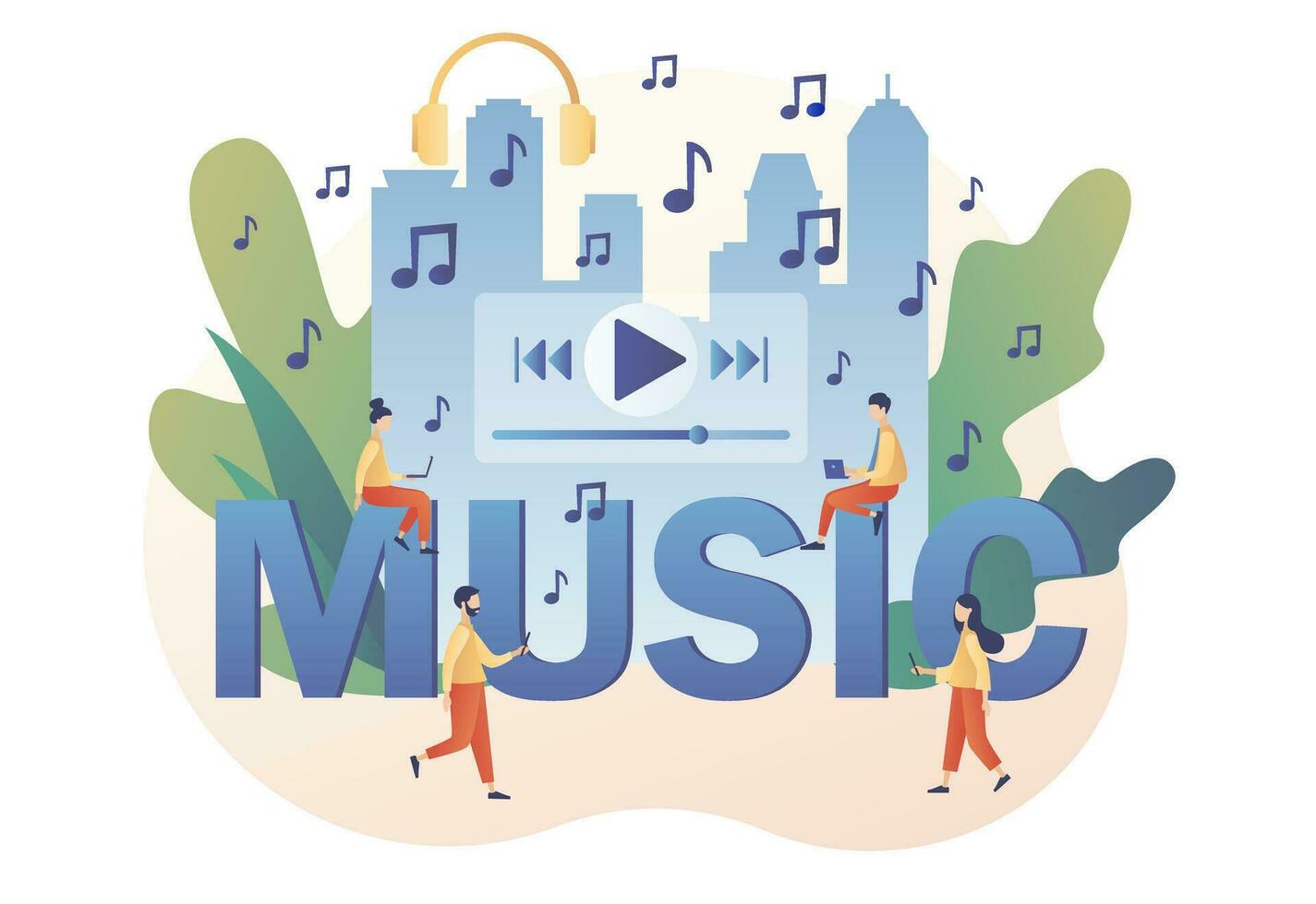 MUSIC - big text. Media player app. Tiny people listen music, sound, audio or radio online with smartphone app or laptop. Modern flat cartoon style. Vector illustration on white background