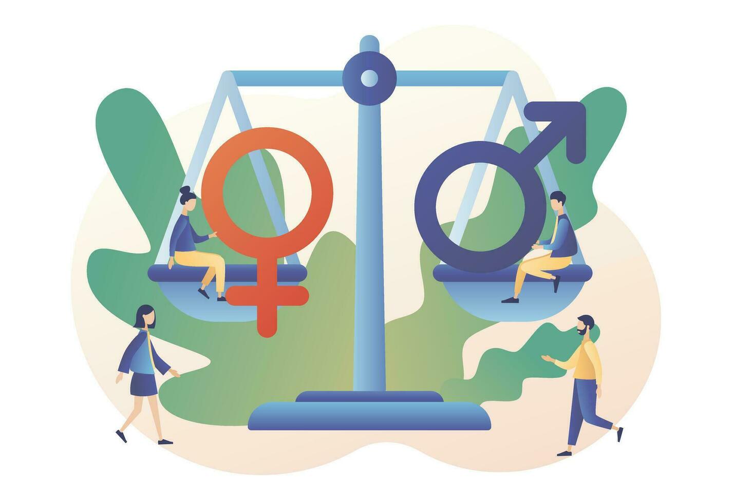 Female and Male gender sign on scales. Gender equality concept. Feminism movement for tolerance, rights and same opportunities like men do. Modern flat cartoon style. Vector illustration