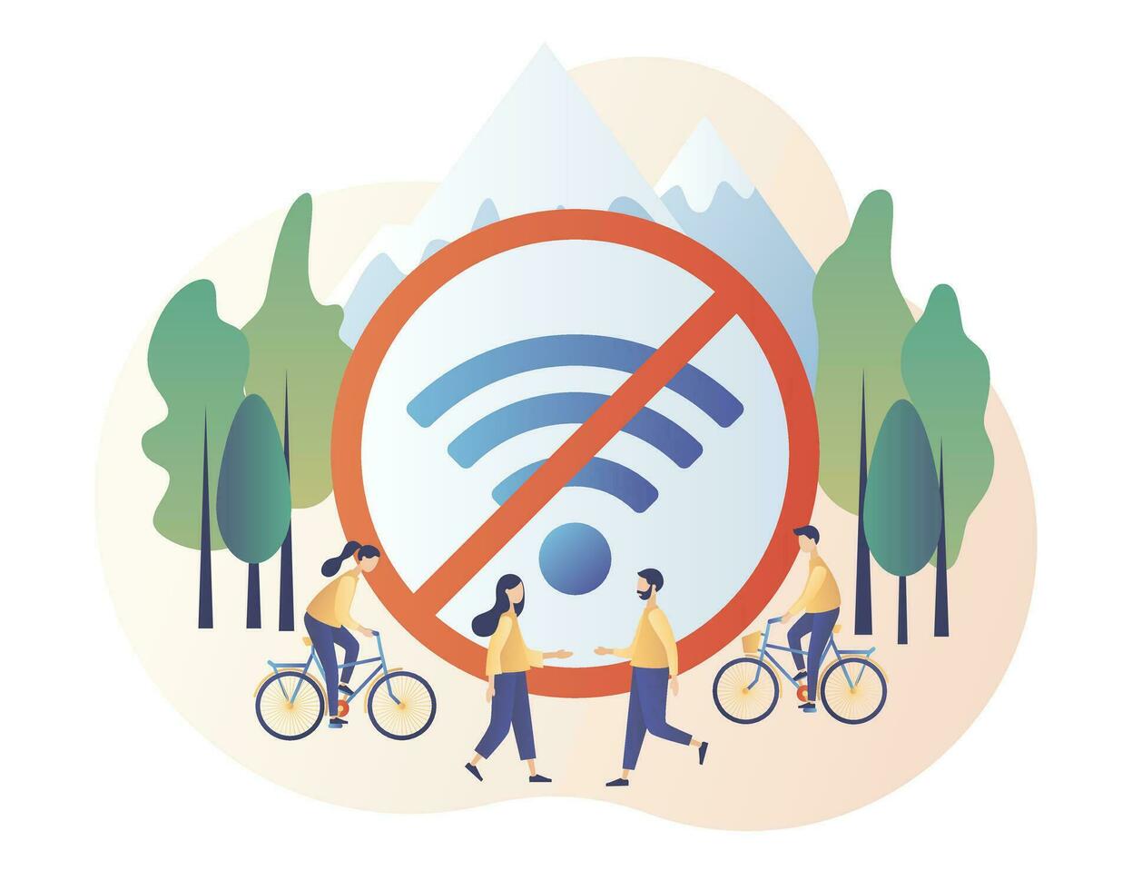 Digital detox. Big sign no Wi-Fi. Tiny people relax in nature. Freedom from internet, smartphones and social media. Modern flat cartoon style. Vector illustration on white background