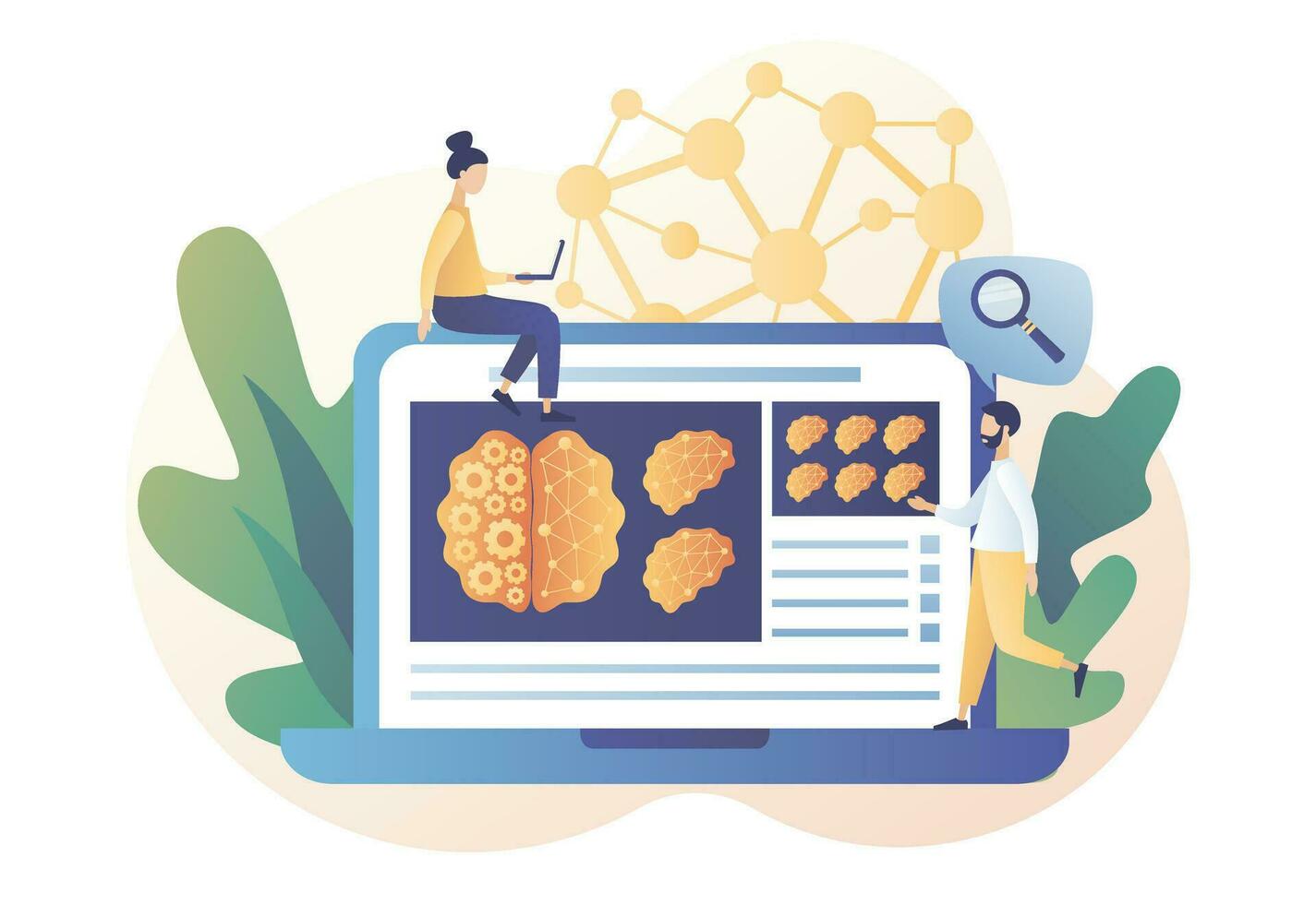 Neurology science and brain research concept. Human brain and psychology. Tiny people study Head Tomography on laptop screen. Modern flat cartoon style. Vector illustration on white background