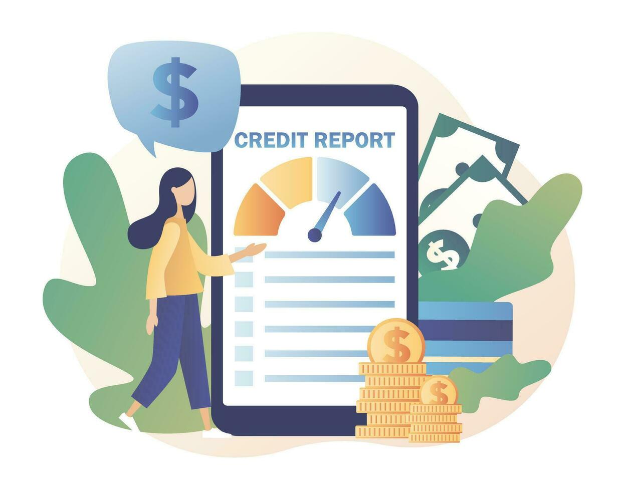 Credit report online. Credit rating in app. Tiny woman analysts credit risk control. Personal credit score information. Modern flat cartoon style. Vector illustration on white background