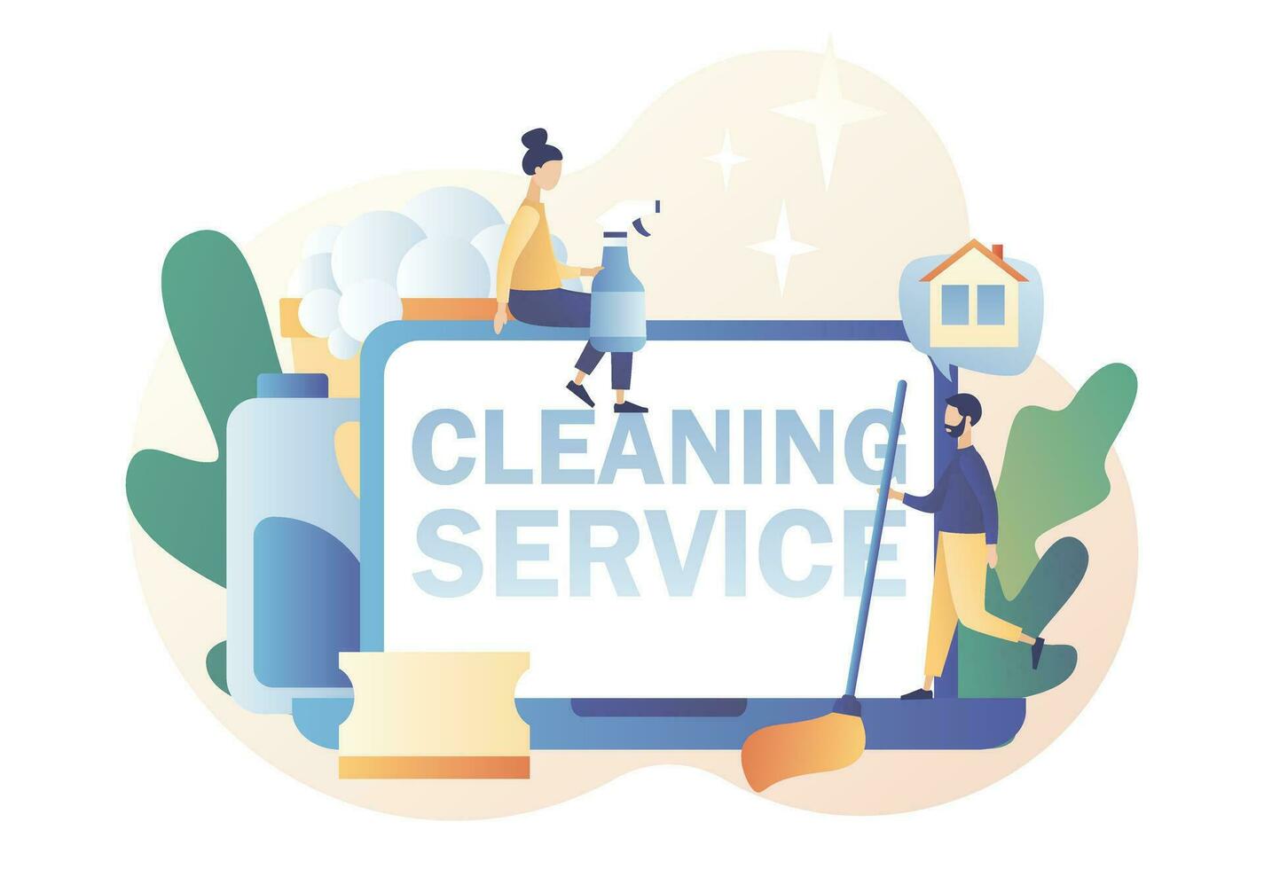 Cleaning service. Tiny people clean house with cleaning tools. Online professional hygiene service for domestic households. Modern flat cartoon style. Vector illustration on white background