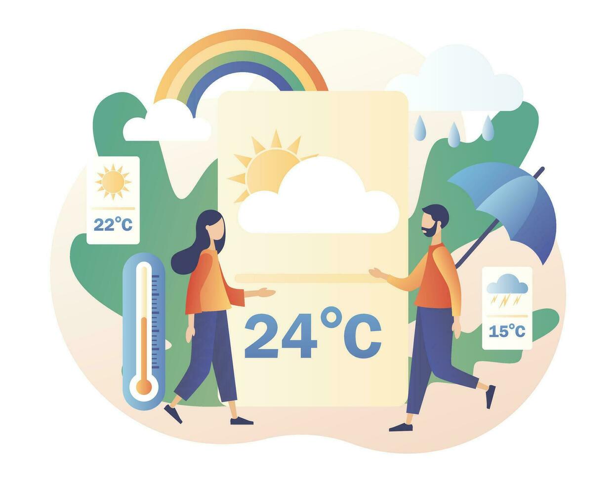 Weather forecast online. Sun, clouds, wind, thunderstorm,rain. Tiny people watching the weather forecast for the coming days. Meteorology science. Modern flat cartoon style. Vector illustration