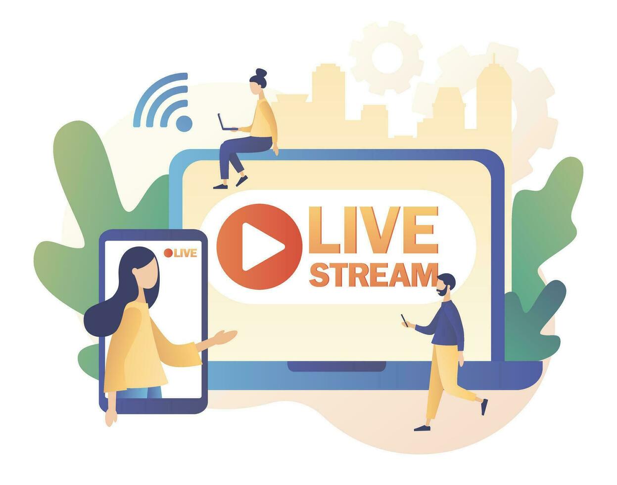 Live streaming. Online video chat. Tiny people that conduct and watch live stream in social networks. Modern flat cartoon style. Vector illustration on white background