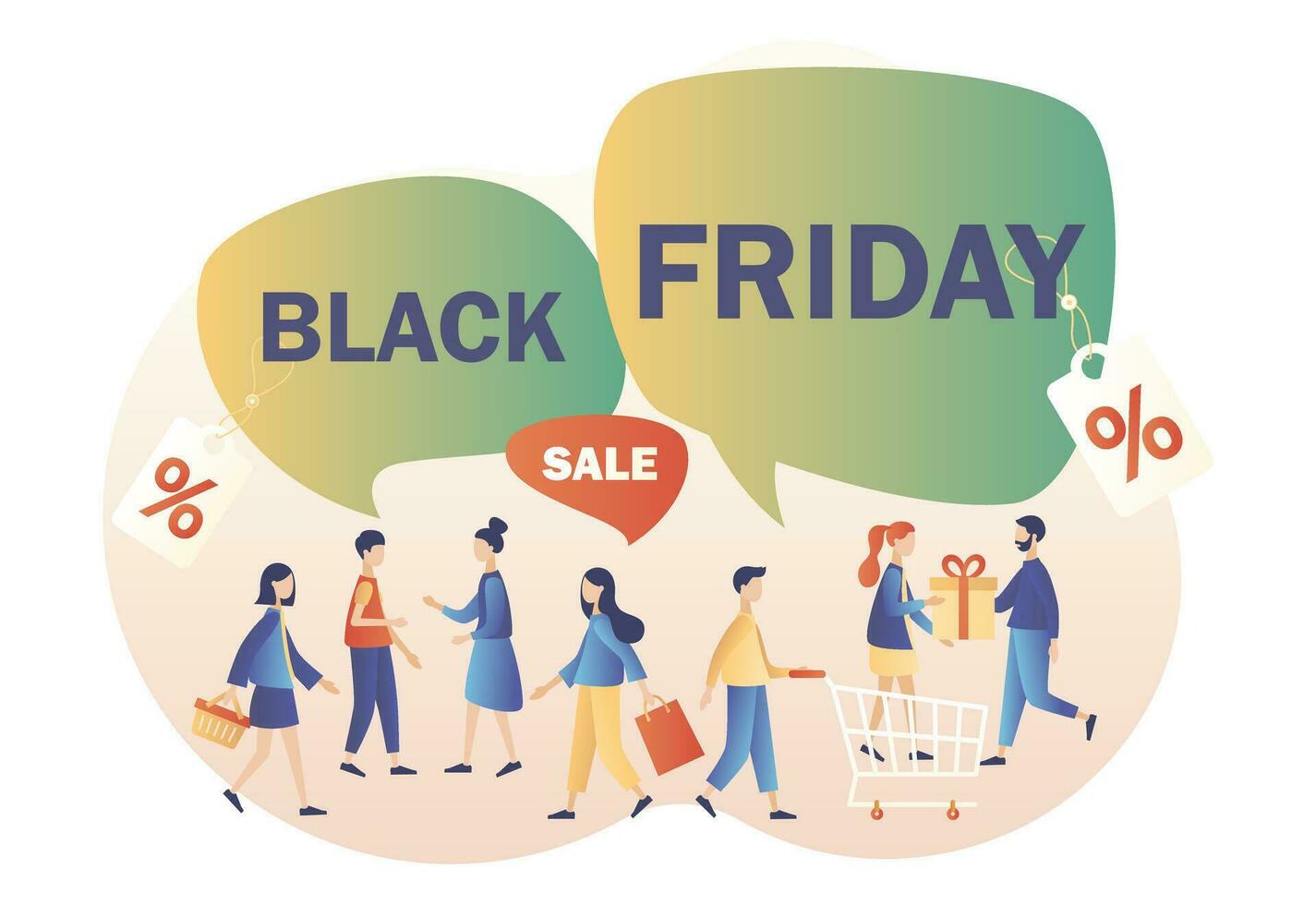 Black Friday Big Sale concept. Tiny people with shopping bags. Modern flat cartoon style. Vector illustration