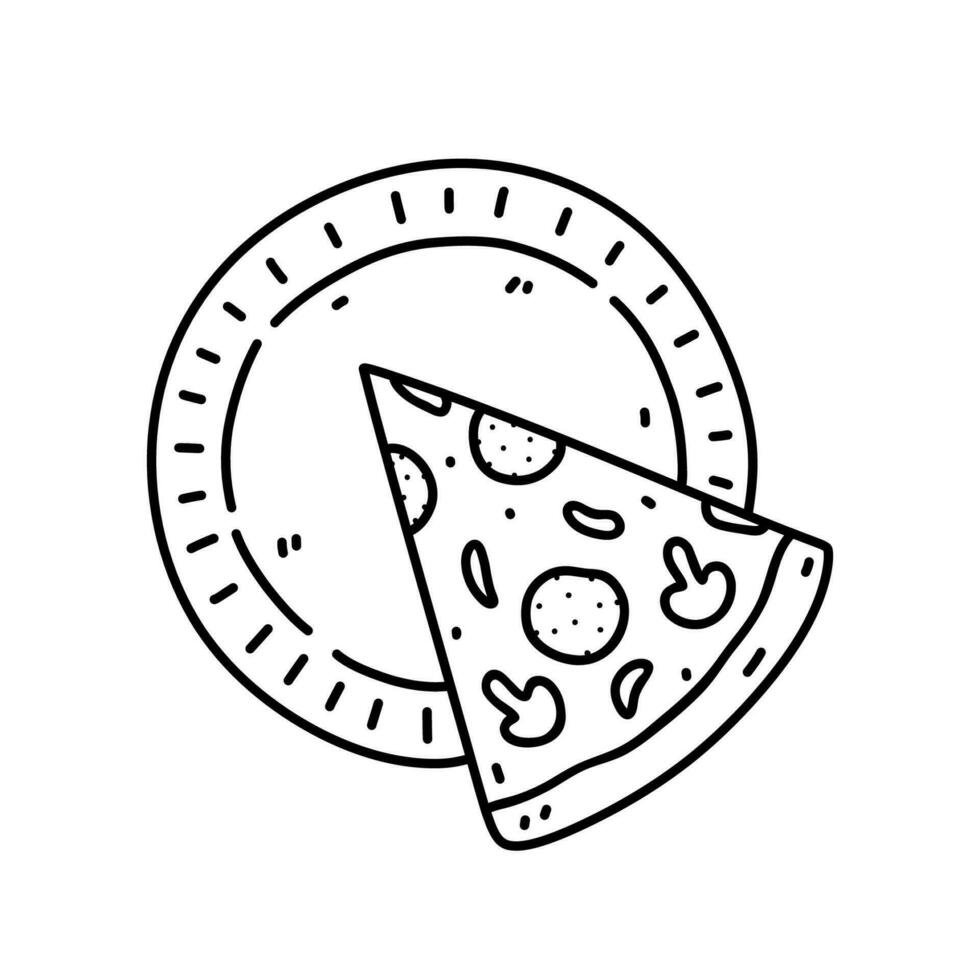 un rebanada de Pizza en un plato aislado en blanco antecedentes. rápido alimento. vector dibujado a mano ilustración en garabatear estilo. Perfecto para varios diseños, tarjetas, logo, menú.