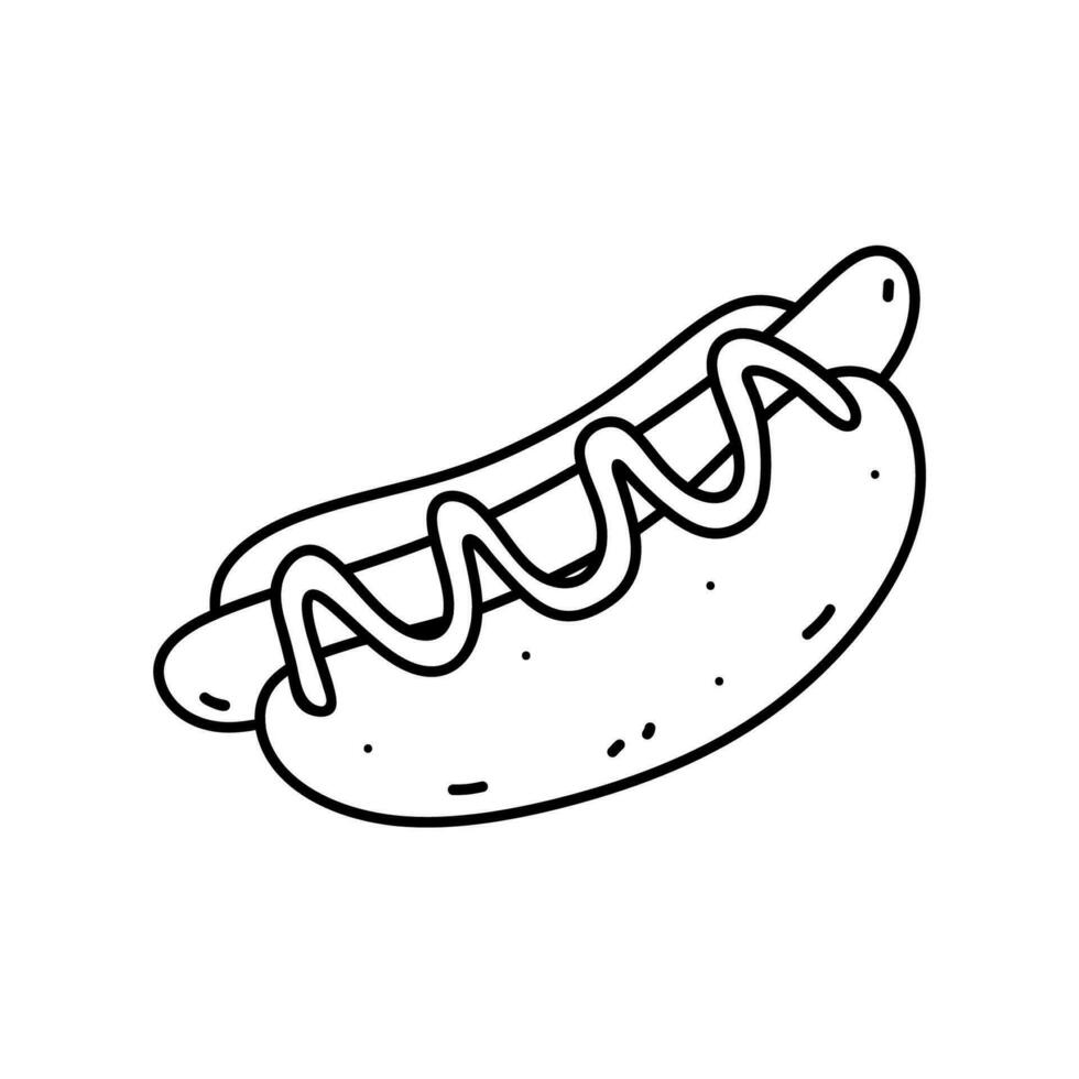 Hot Dog isolated on white background. Street food snack. Vector hand-drawn illustration in doodle style. Perfect for various designs, cards, logo, menu.