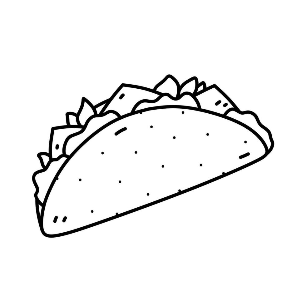 Taco isolated on white background. Traditional mexican fast food, street food snack. Vector hand-drawn illustration in doodle style. Perfect for various designs, cards, logo, menu.