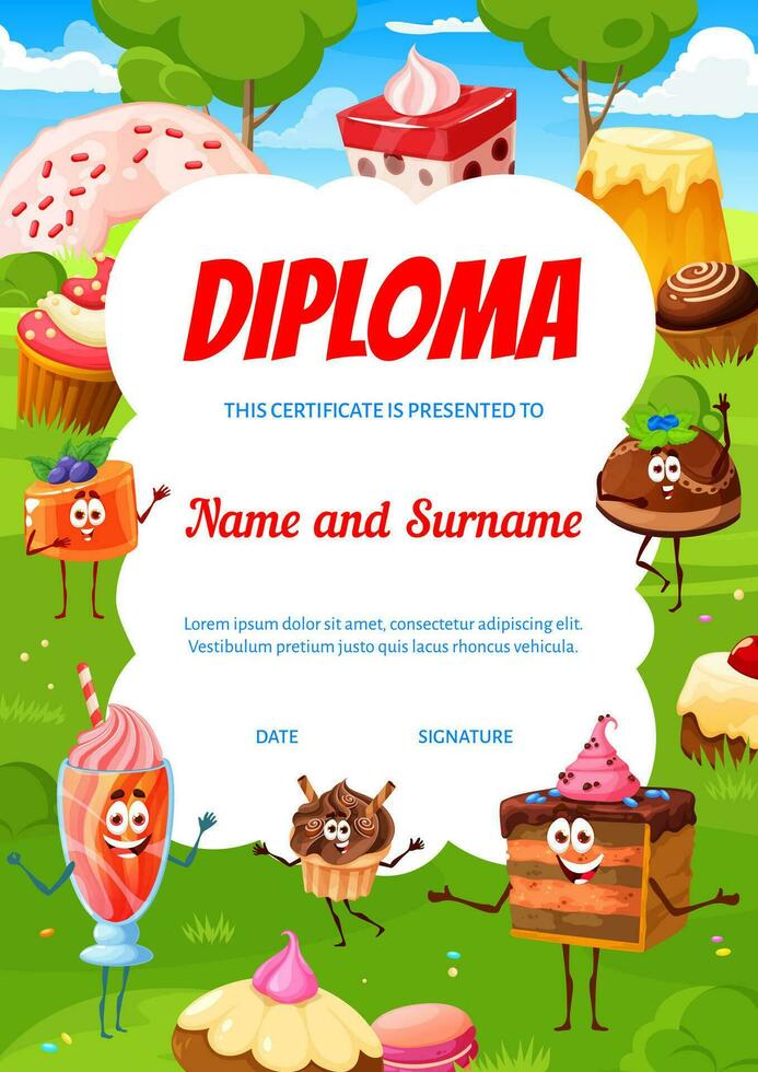 Kids diploma cartoon sweets, desserts and cakes vector