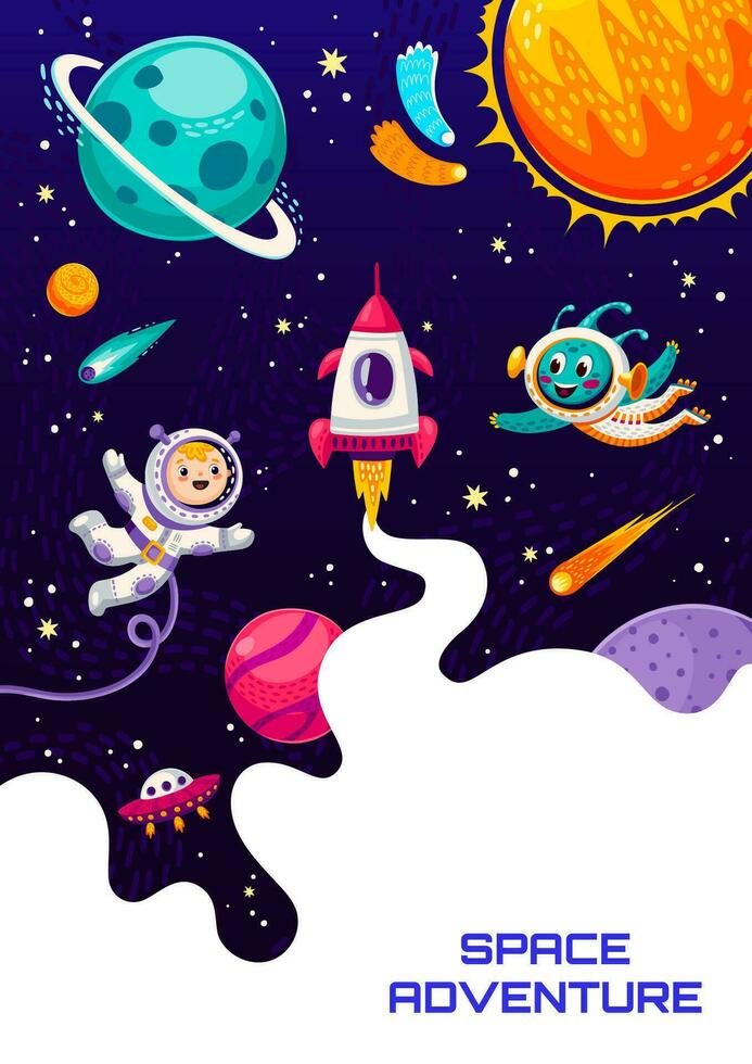 Space poster, cartoon astronaut and alien UFO vector