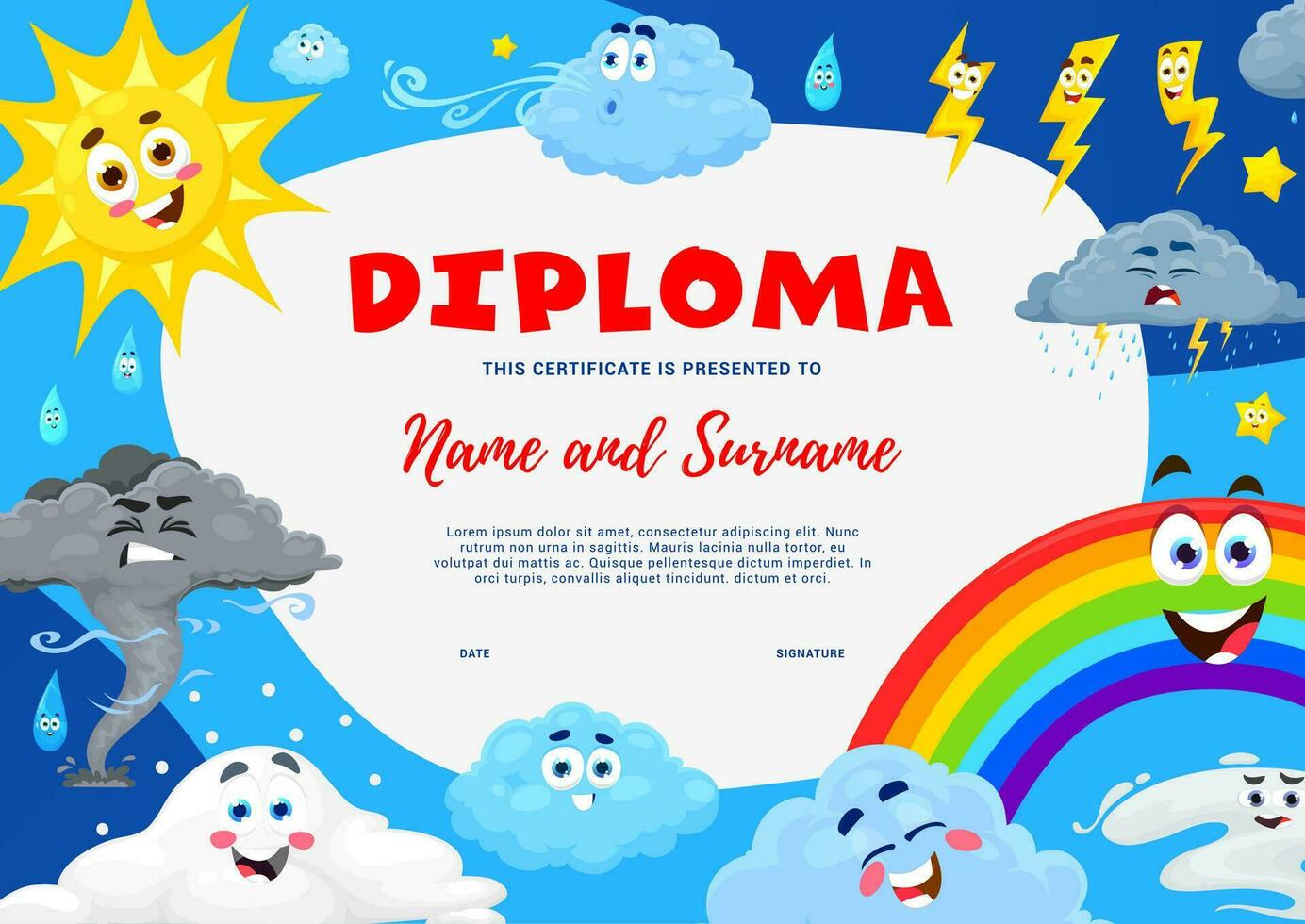 Kids diploma with cartoon weather characters vector