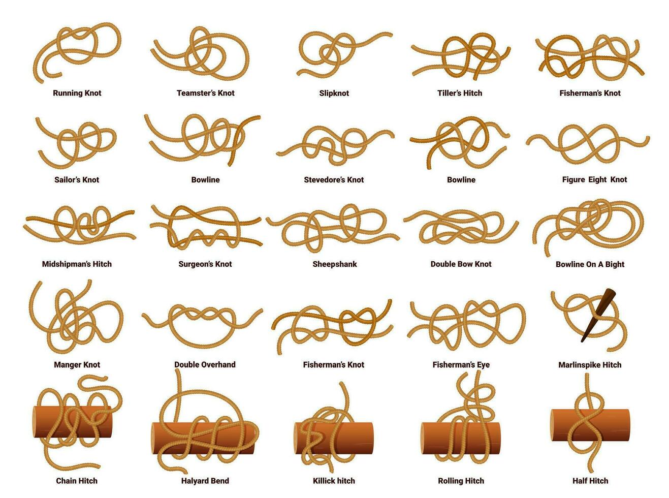 Sailing ship rope knots, nautical sailor tie, bow vector