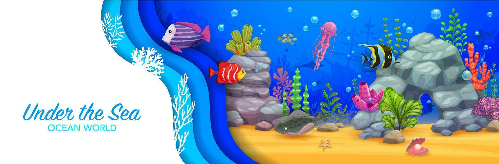 Cartoon underwater paper cut, sea landscape banner vector